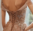 Champagne Cap Sleeves Tulle Long Prom Dresses New Style Prom Dresses Long Prom Dresses