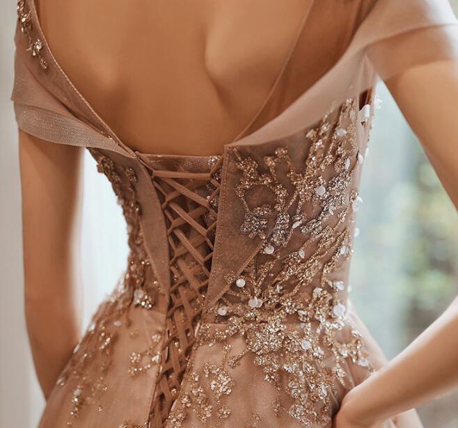 Champagne Cap Sleeves Tulle Long Prom Dresses New Style Prom Dresses Long Prom Dresses