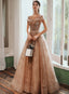 Champagne Cap Sleeves Tulle Long Prom Dresses New Style Prom Dresses Long Prom Dresses