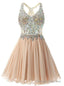 Champagne Chiffon Crystal V-neck Homecoming Dress