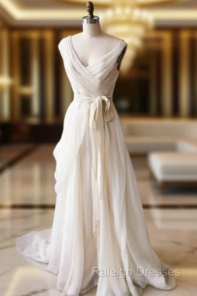 Champagne Chiffon Long A-Line Prom Dress, Simple V-Neck Evening Dress Main image