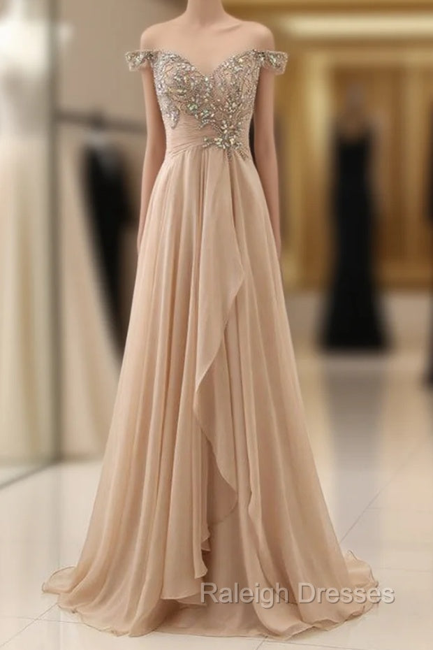 Champagne Chiffon Off The Shoulder Pleats Prom Dress With Crystal