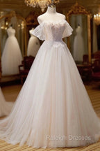 Champagne Floor Length Lace Long Prom Dress, Off the Shoulder Evening Dress