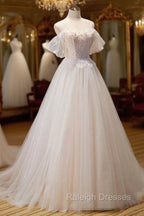 Champagne Floor Length Lace Long Prom Dress, Off the Shoulder Prom Dress
