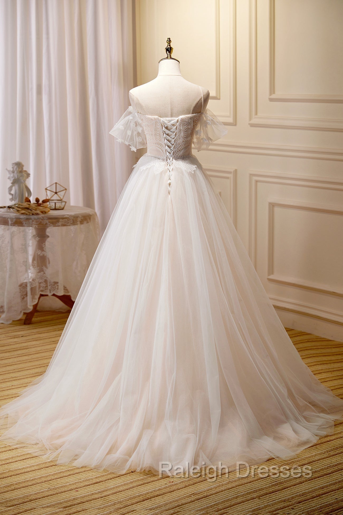 Champagne Floor Length Lace Long Prom Dress, Off the Shoulder Prom Dress