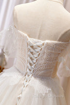 Champagne Floor Length Lace Long Prom Dress, Off the Shoulder Prom Dress