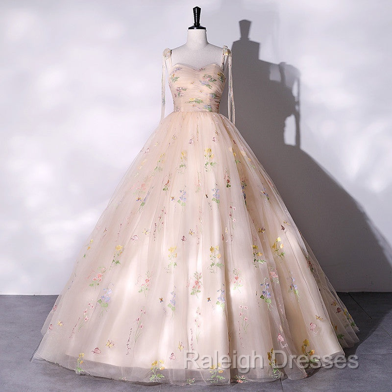 Champagne Floral Tulle Straps Sweetheart Long Party Dress, Ball Gown Sweet 16 Dresses