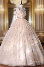 Champagne Floral Tulle Straps Sweetheart Long Party Dress, Ball Gown Sweet 16 Dresses