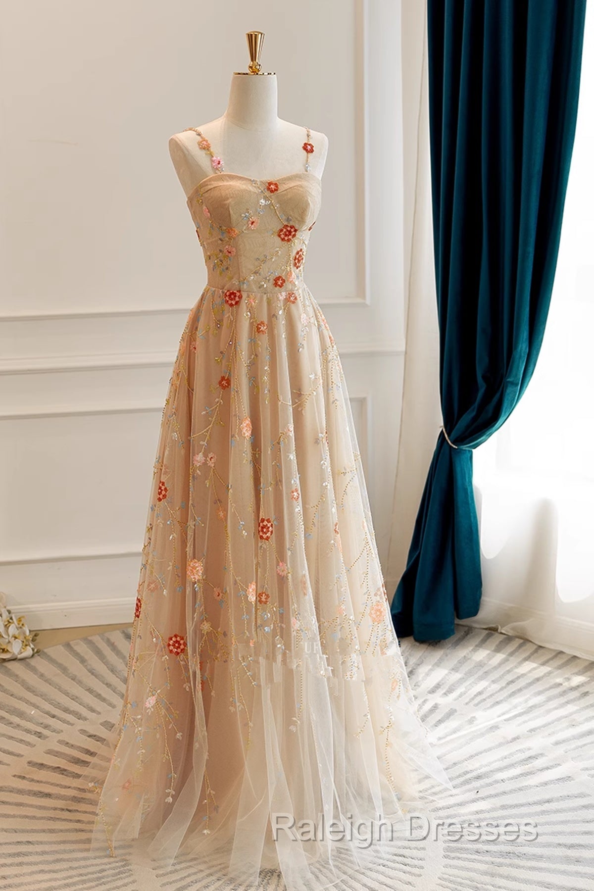 Champagne Floral Tulle Straps Sweetheart Wedding Party Dress, A-Line Tulle Long Prom Dress Secondary image