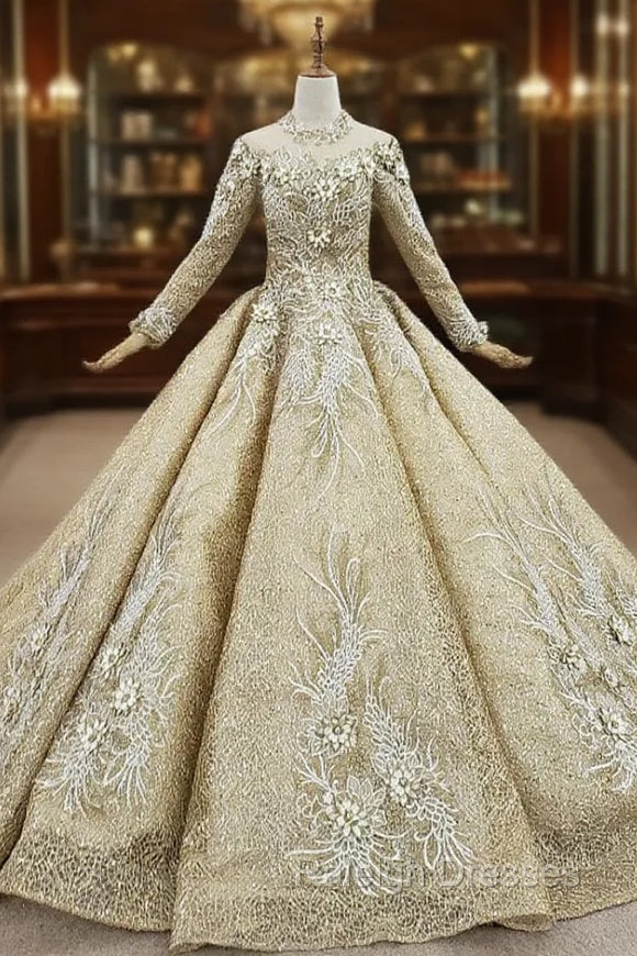 Champagne Gold Ball Gowns Lace Sequins High Neck Long Sleeve Wedding Dress