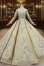 Champagne Gold Ball Gowns Lace Sequins High Neck Long Sleeve Wedding Dress
