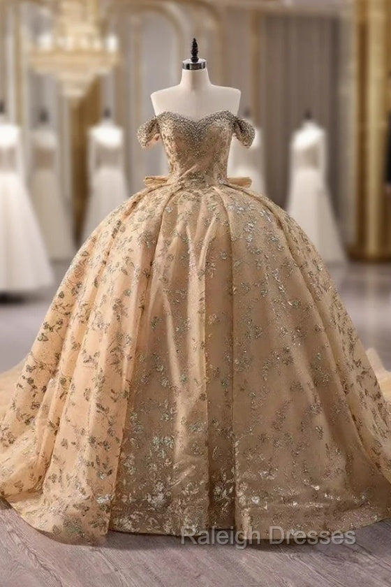 Champagne Gold Ball Gown Tulle Sequins Beading Prom Dress Main image