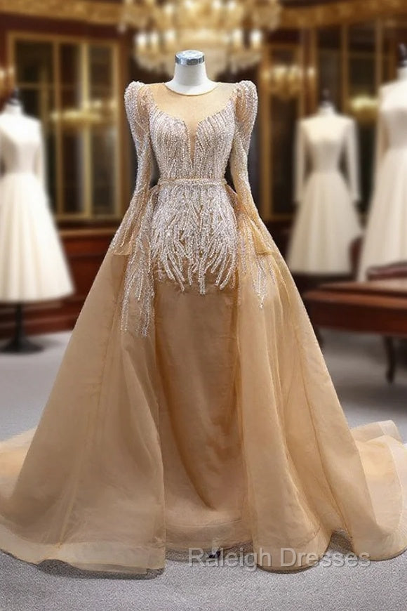 Champagne Gold Long Sleeve Beading Prom Dress Main image