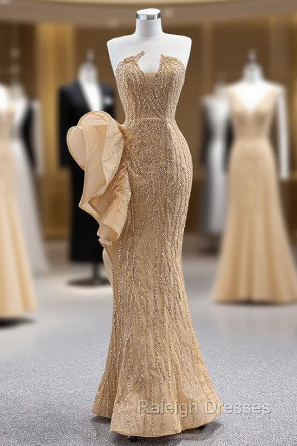 Champagne Gold Mermaid Sequins Strapless Prom Dress