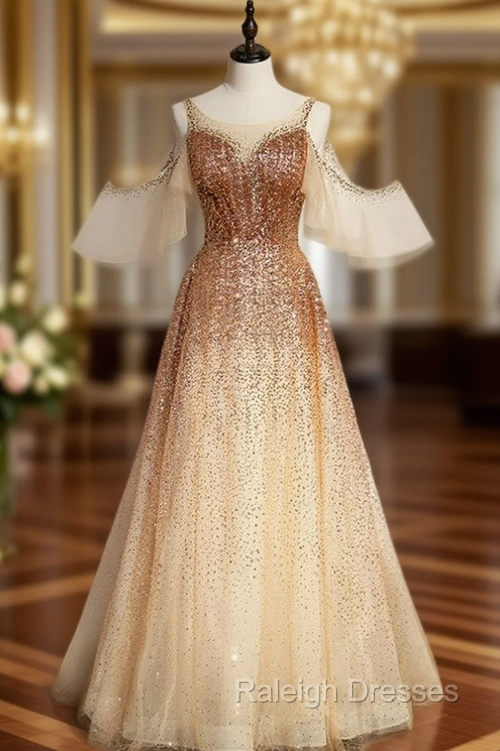 Champagne Gold Sequins Flying Sleeve Prom Dress