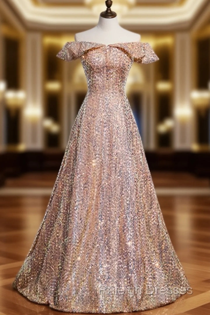 Champagne Gold Sequins Off the Shoulder Prom Dress Main image