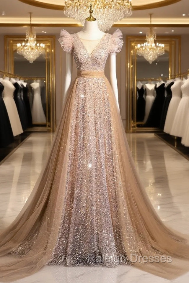 Champagne Gold Sequins Tulle Prom Dress Main image