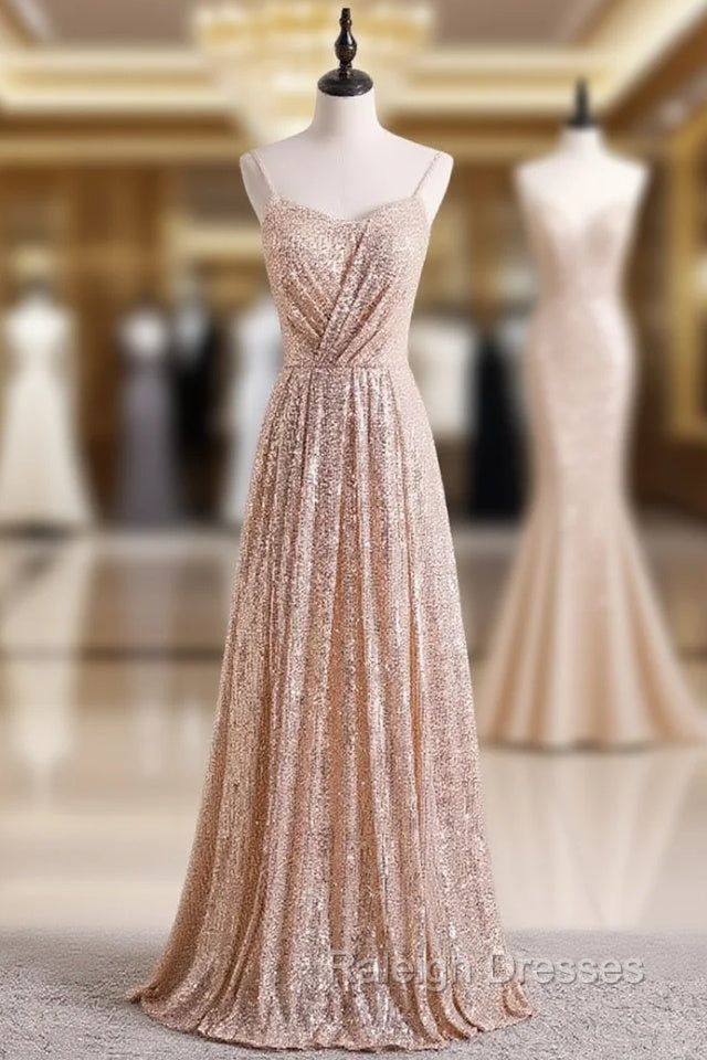 Champagne Gold Seuqins Spaghetti Straps Prom Dress
