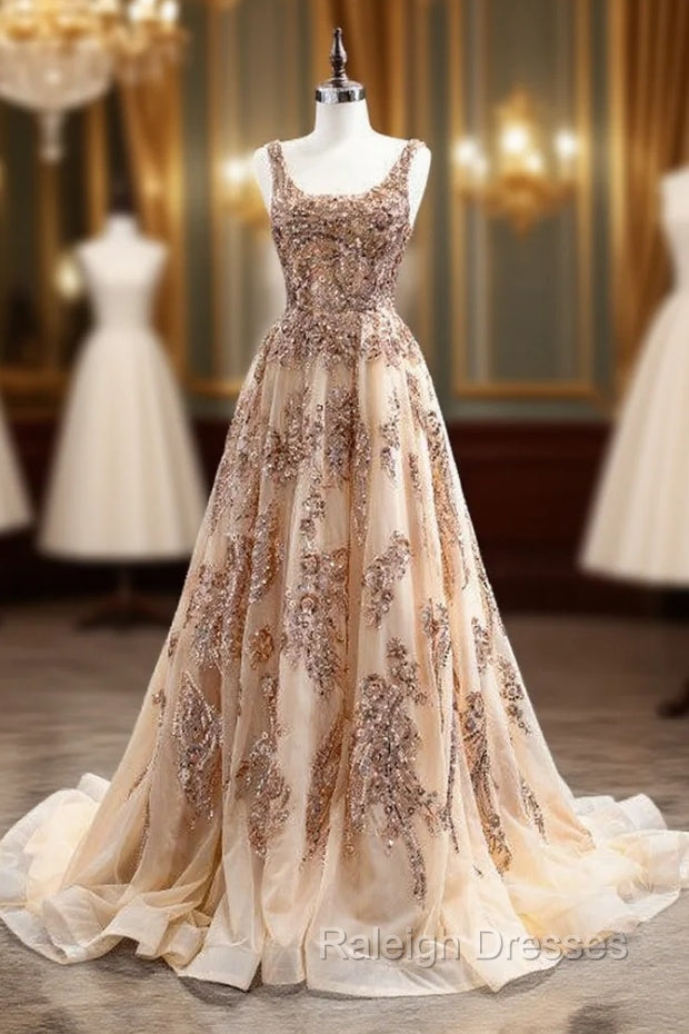 Champagne Gold Tulle Sequins Beading Prom Dress Main image