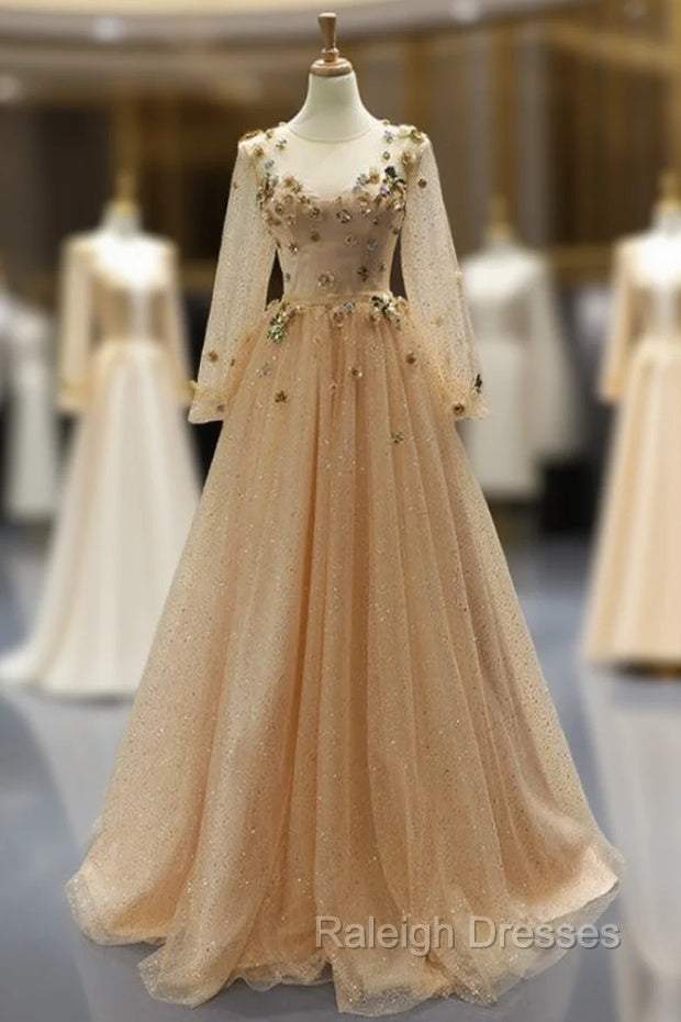 Champagne Gold Tulle Sequins Long Sleeve Appliques Prom Dress