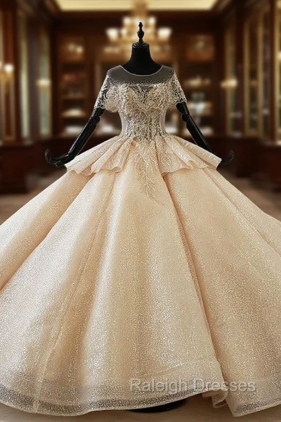 Champagne Gold Tulle Seuqins Backless Beading Wedding Dress Main image
