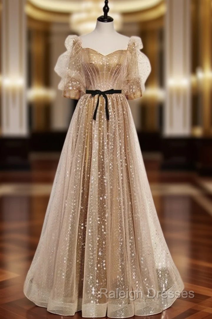 Champagne Gold Tulle Square Short Sleeve Prom Dress