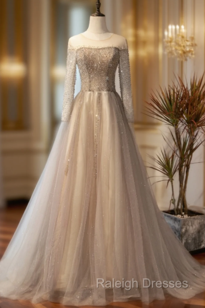 Champagne Gray Tulle Long Sleeve Beading Prom Dress Main image