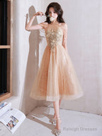Champagne Halter Tea Length Shiny Tulle With Lace, A-Line Short Prom Dress