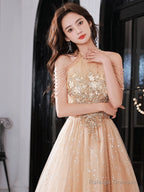 Champagne Halter Tea Length Shiny Tulle With Lace, A-Line Short Prom Dress