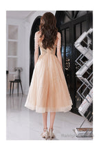 Champagne Halter Tea Length Shiny Tulle With Lace A-Line Short Prom Dresses
