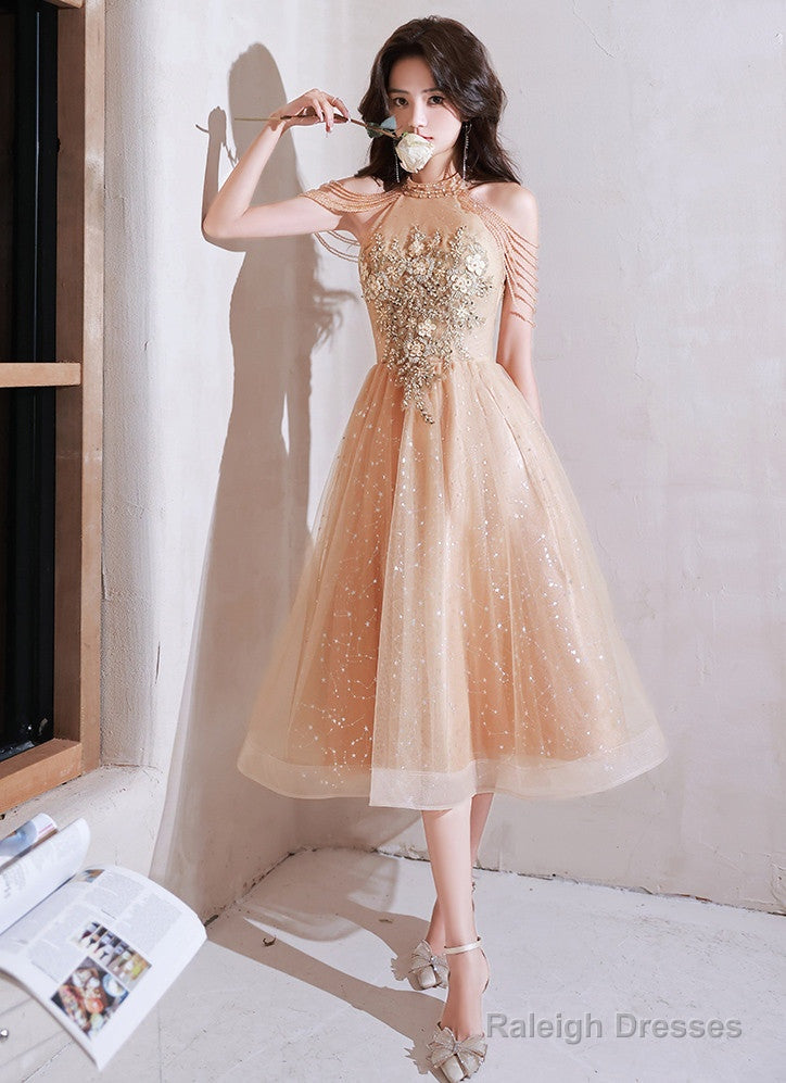 Champagne Halter Tea Length Shiny Tulle With Lace, A-Line Short Prom Dress Main image