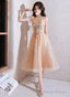 Champagne Halter Tea Length Shiny Tulle With Lace, A-Line Short Prom Dress