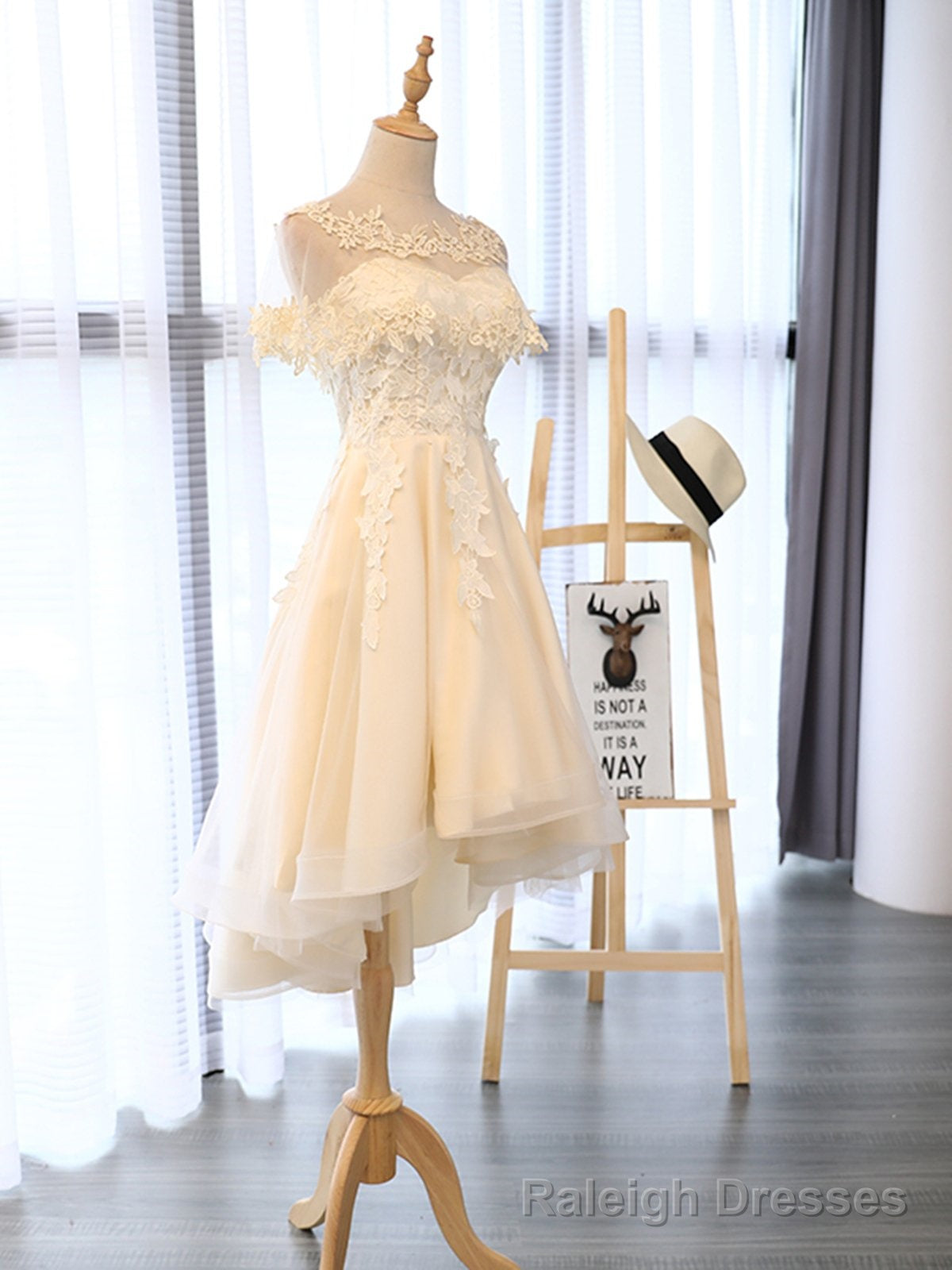 Champagne High Low Lace Prom Dresses, Champagne High Low Lace Formal Homecoming Dresses Main image