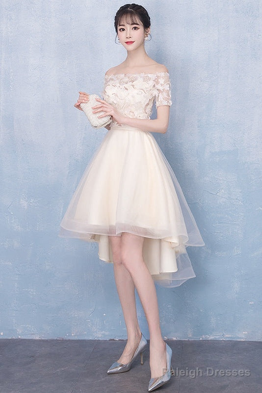 Champagne High Low Off Shoulder Tulle With Lace Prom Dress , Short Homecoming Dress