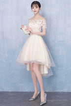 Champagne High Low Off Shoulder Tulle With Lace Prom Dresses Short Homecoming Dresses