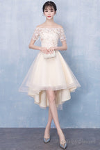 Champagne High Low Off Shoulder Tulle With Lace Prom Dresses Short Homecoming Dresses