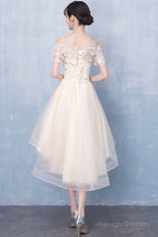 Champagne High Low Off Shoulder Tulle With Lace Prom Dress , Short Homecoming Dress