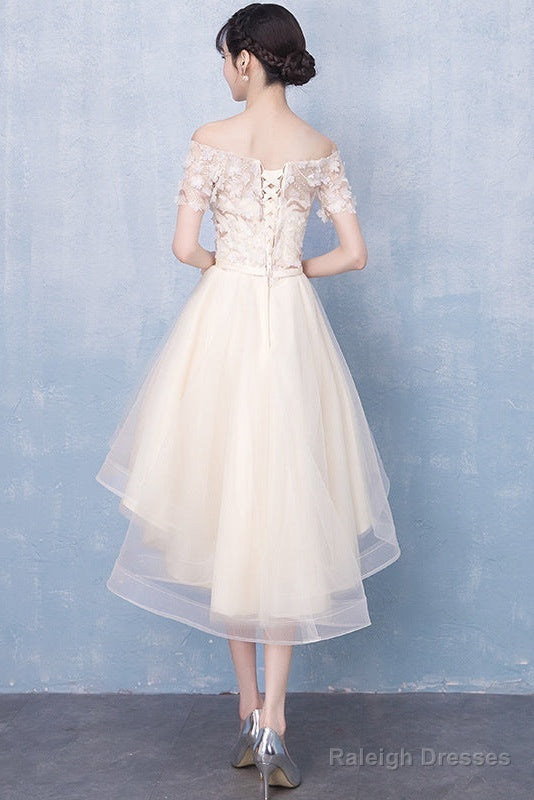 Champagne High Low Off Shoulder Tulle With Lace Prom Dress , Short Homecoming Dress