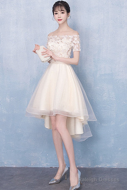Champagne High Low Off Shoulder Tulle With Lace Prom Dress , Short Homecoming Dress Main image