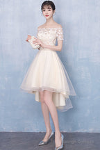 Champagne High Low Off Shoulder Tulle With Lace Prom Dress , Short Homecoming Dress