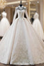 Champagne High Neck Long Sleeve Lace Appliques Beading Wedding Dress