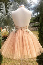 Champagne High Neck Tulle Lace Short Prom Dress Tulle Formal Dress