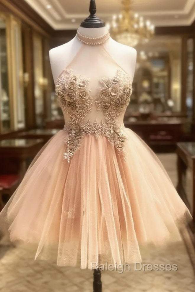 Champagne High Neck Tulle Lace Short Prom Dress Tulle Formal Dress Main image