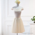 Champagne Lace Applique Off Shoulder Tulle Party Dress Homecoming Dress, Tulle Short Prom Dress