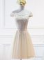Champagne Lace Applique Off Shoulder Tulle Prom Dresses Homecoming Dresses Tulle Short Prom Dresses
