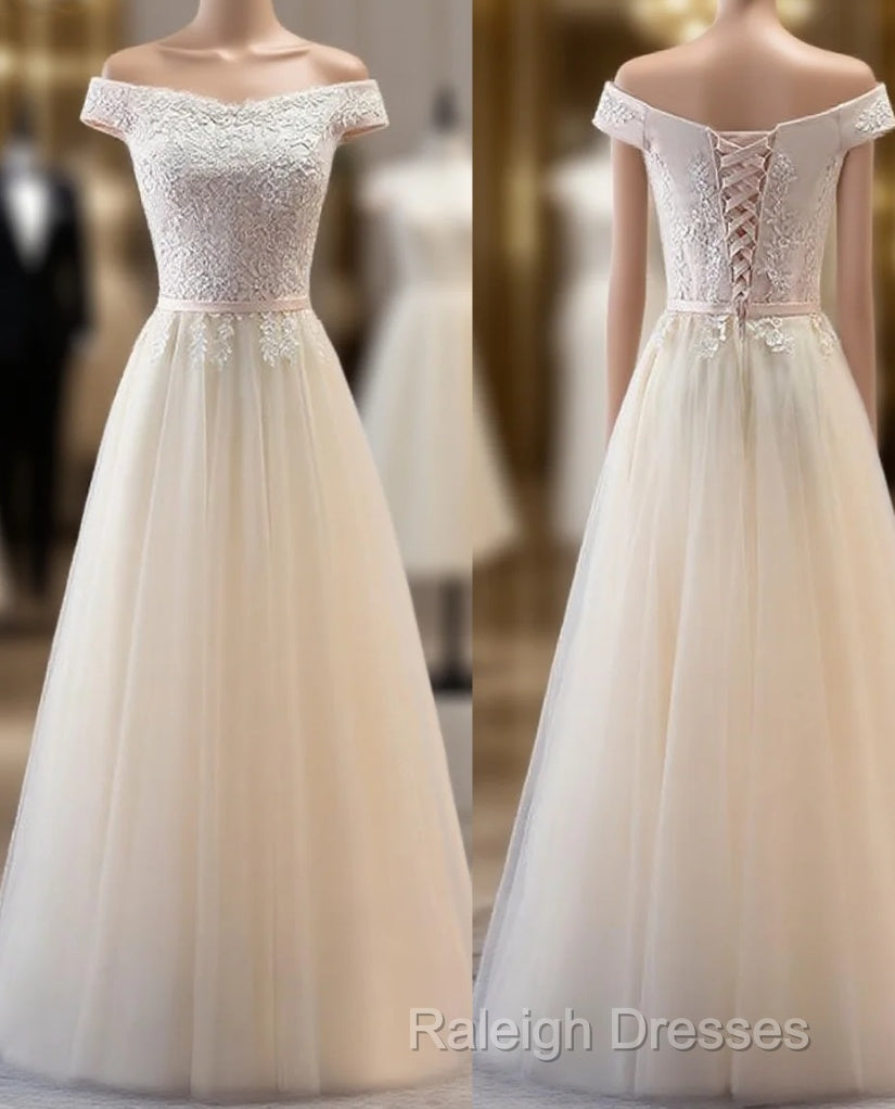 Champagne Lace Applique Off Shoulder Tulle Party Prom Dress
