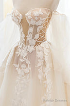 Champagne Lace Long A-Line Ball Gown, Off The Shoulder Evening Party Dress