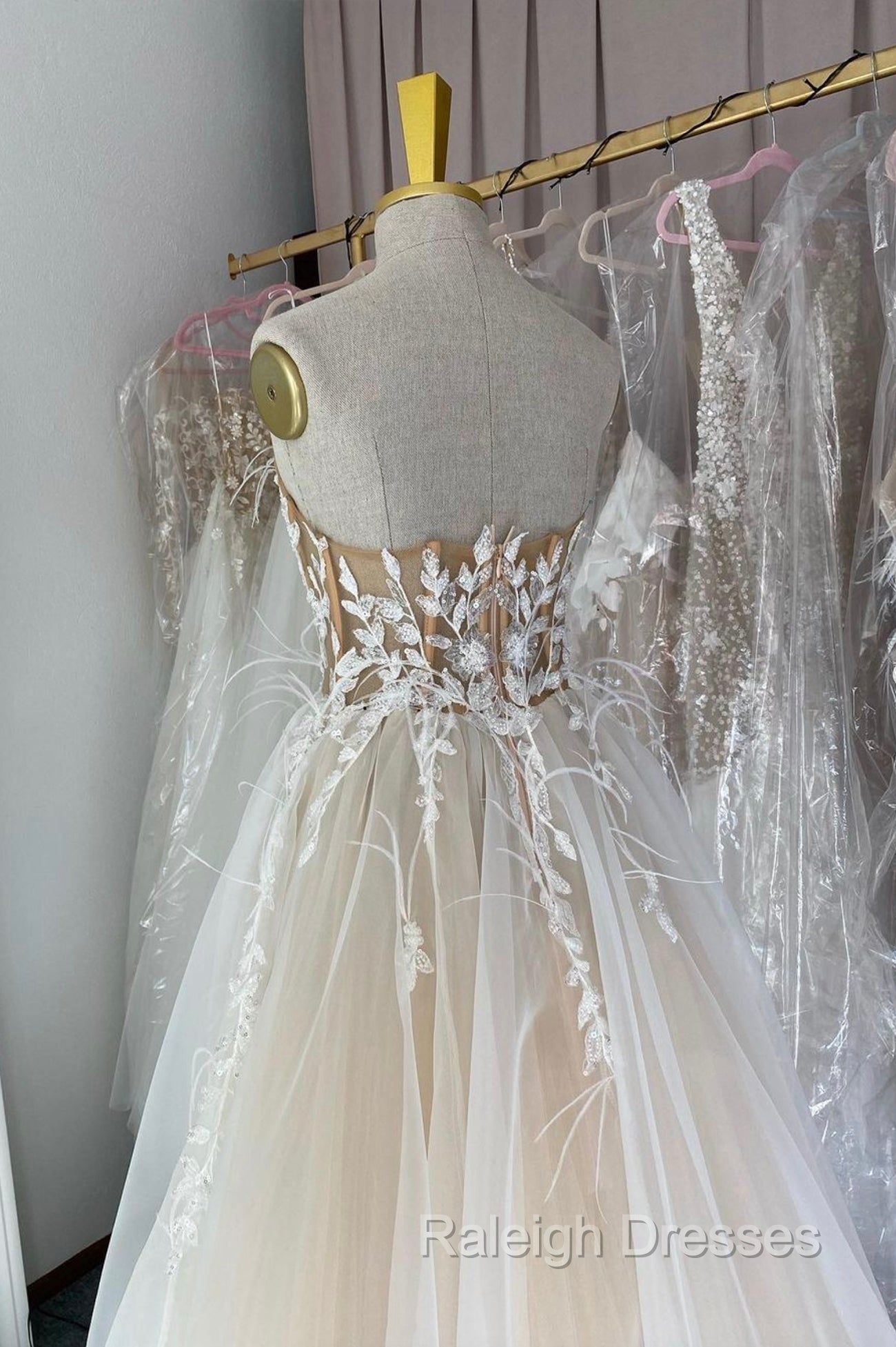 Champagne Lace Long A Line Prom Dresses Strapless Prom Dresses