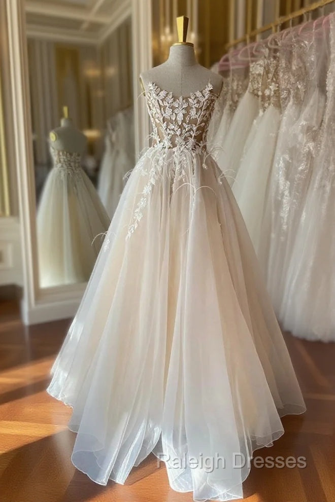 Champagne Lace Long A-Line Prom Dress, Strapless Evening Dress Main image