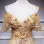 Champagne Lace Off Shoulder Long Party Dress , Cute Tulle Formal Dress Prom Dress